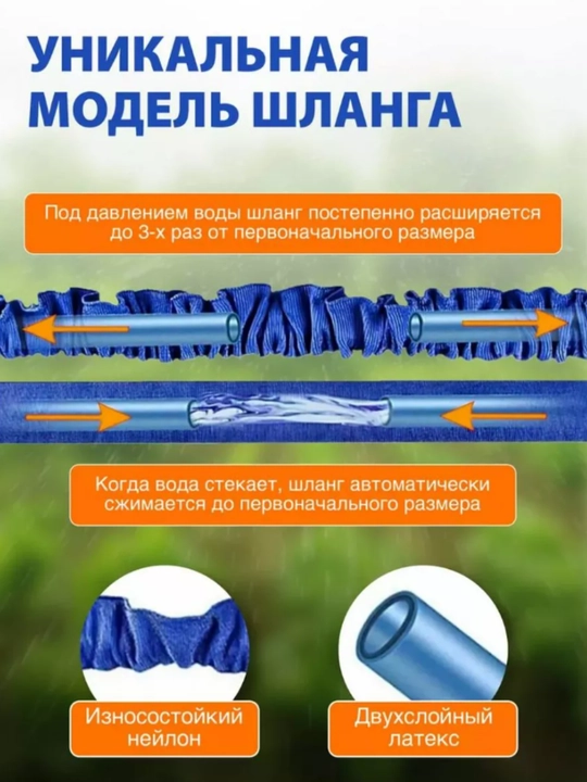Шланг для полива, чудо-шланг, удлиняющийся, растягивающийся, 7.5м, 15м, 22,5м, 30м, 45м