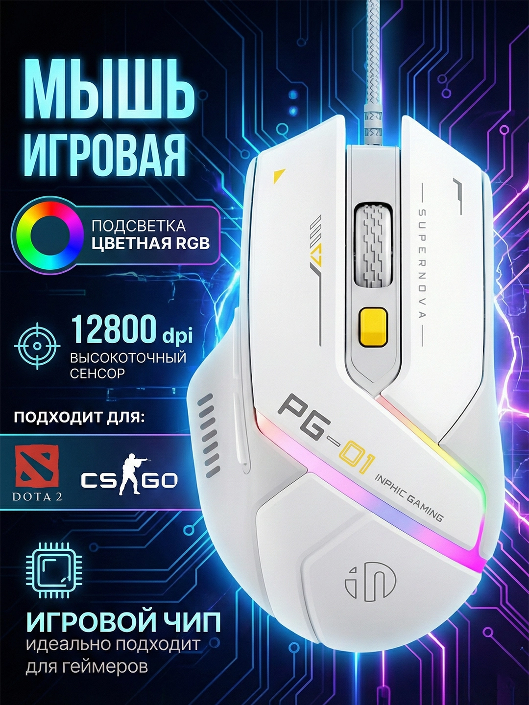 Игровая мышь Inphic PG1 Supernova: проводная мощь, 12000 DPI и динамичная RGB-подсветка за 149000 сум со скидкой 63%. Uzum Market