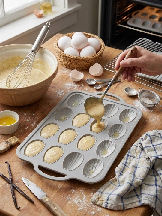 Силиконовая форма с металлическим ободком и ручками для выпечки печенья Мадлен 16 ячеек