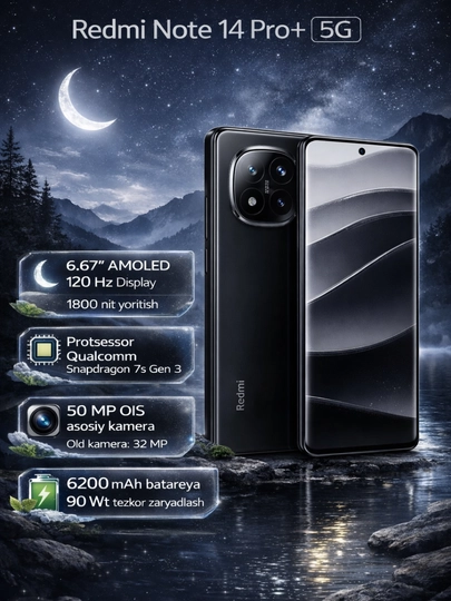 Smartfon Redmi Note 14 Pro Plus 5G, AMOLED ekran 50 MP + 50 MP + 20 MP, NFC, 1 yil kafolat - 