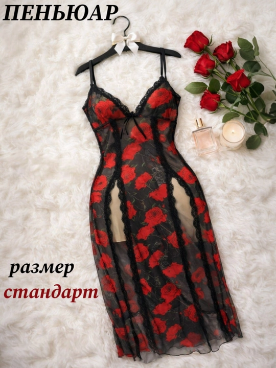 Пижама для женщин, пеньюар, черно-красный, с розами, стандарт - 