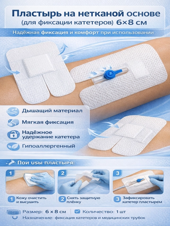 Пластырь на нетканой основе (для фиксации катетеров) 6см х 8см