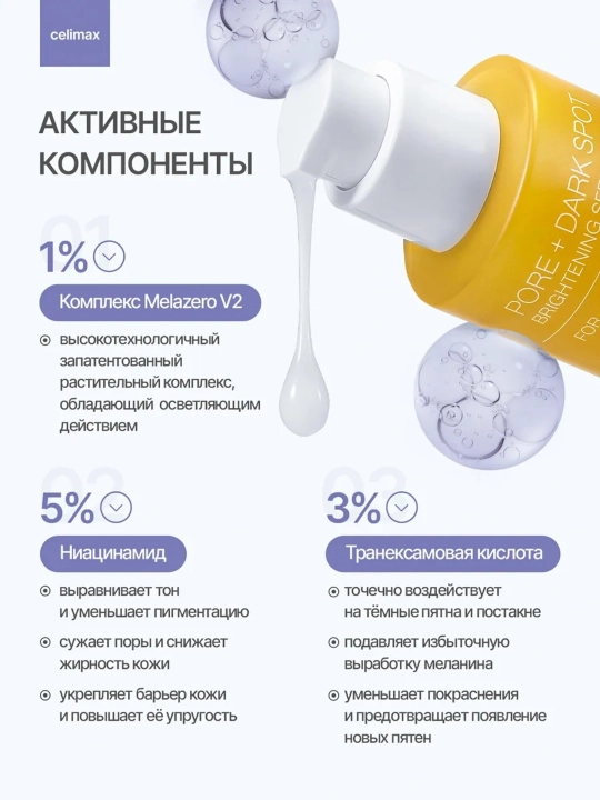 Dog'larga va poralarga qarshi zardob, Celimax Pore + Dark Spot Brightening Serum, 30 ml