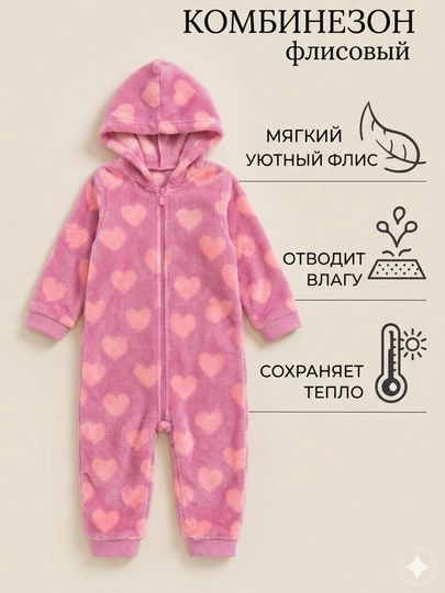 Тёплый флисовый комбинезон для девочек, с капюшоном и молнией
