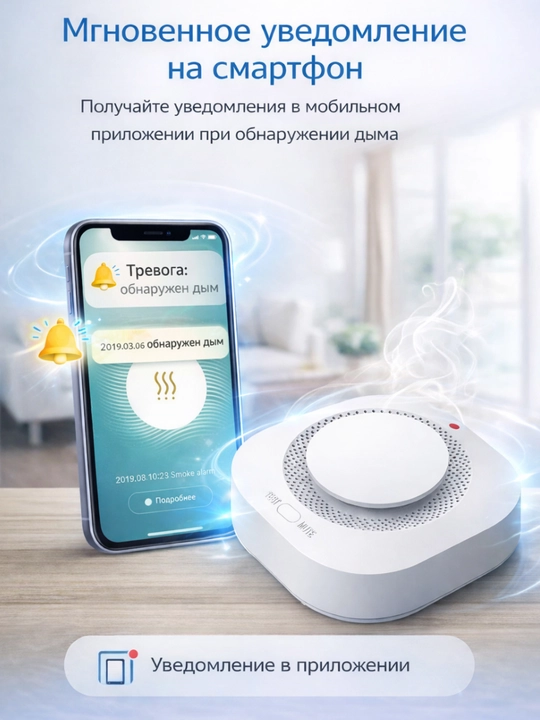 Умный Wi-Fi датчик дыма с уведомлением в приложении и звуковой сигнализацией
