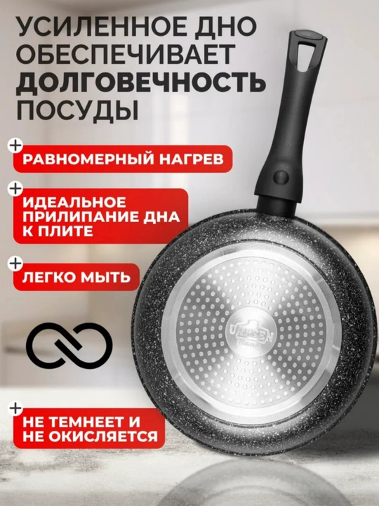 Сковорода гранитная с антипригарным покрытием и стеклянной крышкой UAKEEN, 24, 26, 28, 30 см - 