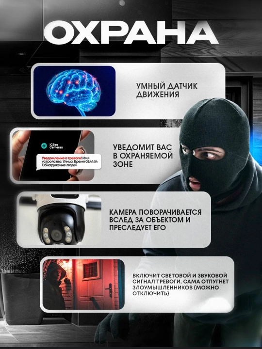 Wi-Fi камера видеонаблюдения с ночным видением, поворотом 360, датчиком движения