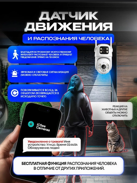 Wi-Fi камера видеонаблюдения с ночным видением, поворотом 360, датчиком движения