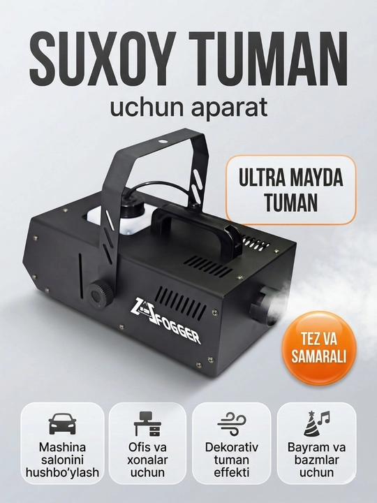Quruq tuman apparati, avtomobil va xonalarni xushbo‘ylash uchun, dekorativ tuman uchun