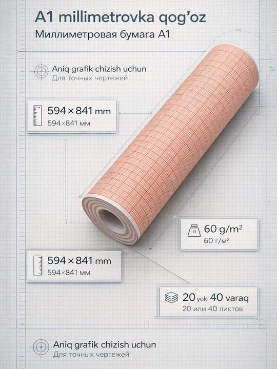 A1 millimetrovka qog‘oz, 594×841 mm, 20 va 40 varaq, grafik va chizmachilik uchun
