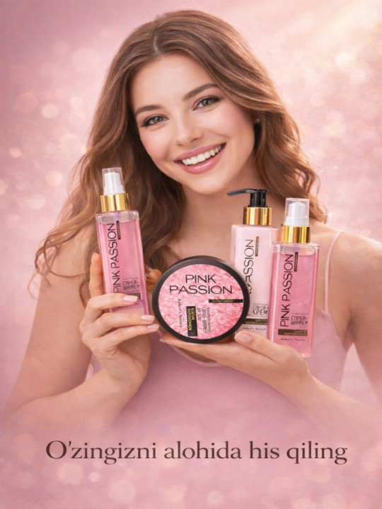 Pink Passion–4ta mahsulotdan iborat tana parvarishi to‘plami sprey, gel-dush, krem, skrab - 