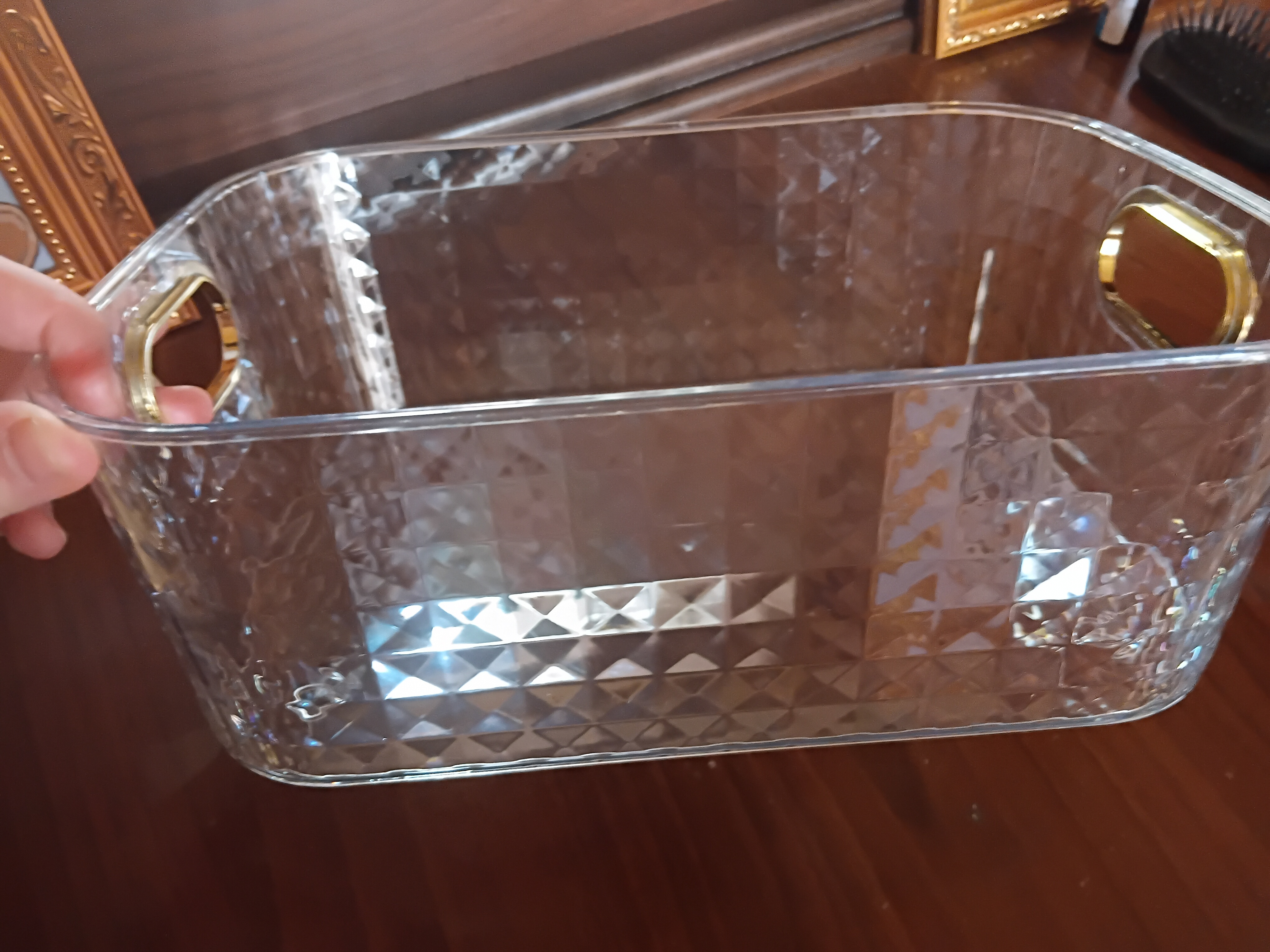 Kristalli 3D kosmetika organayzeri – makyaj uchun saqlash qutisi, oltin tutqichli