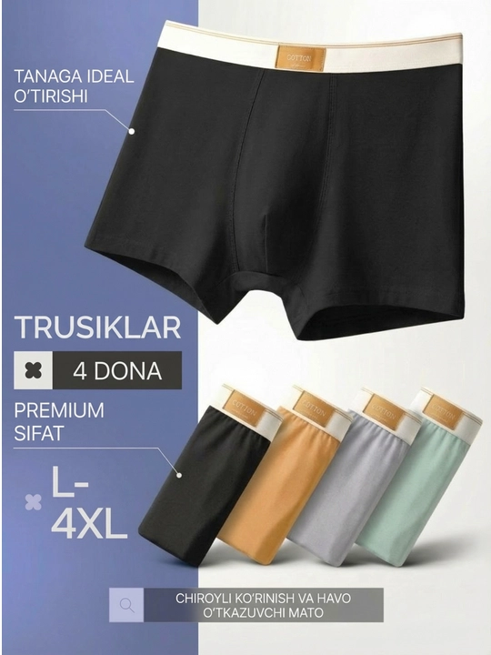 Erkaklar trusiklari, bokserlar, to‘plam, tabiiy materialdan, to'plamda 4 dona