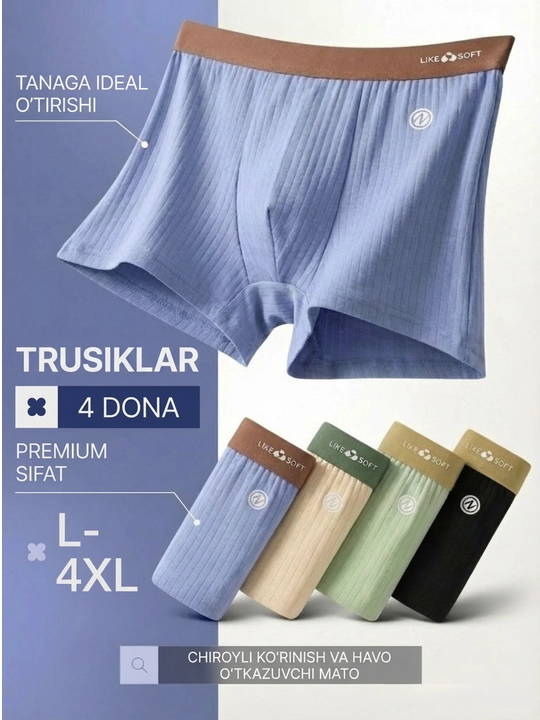 Erkaklar trusiklari, bokserlar, to‘plam, tabiiy materialdan, to'plamda 4 dona