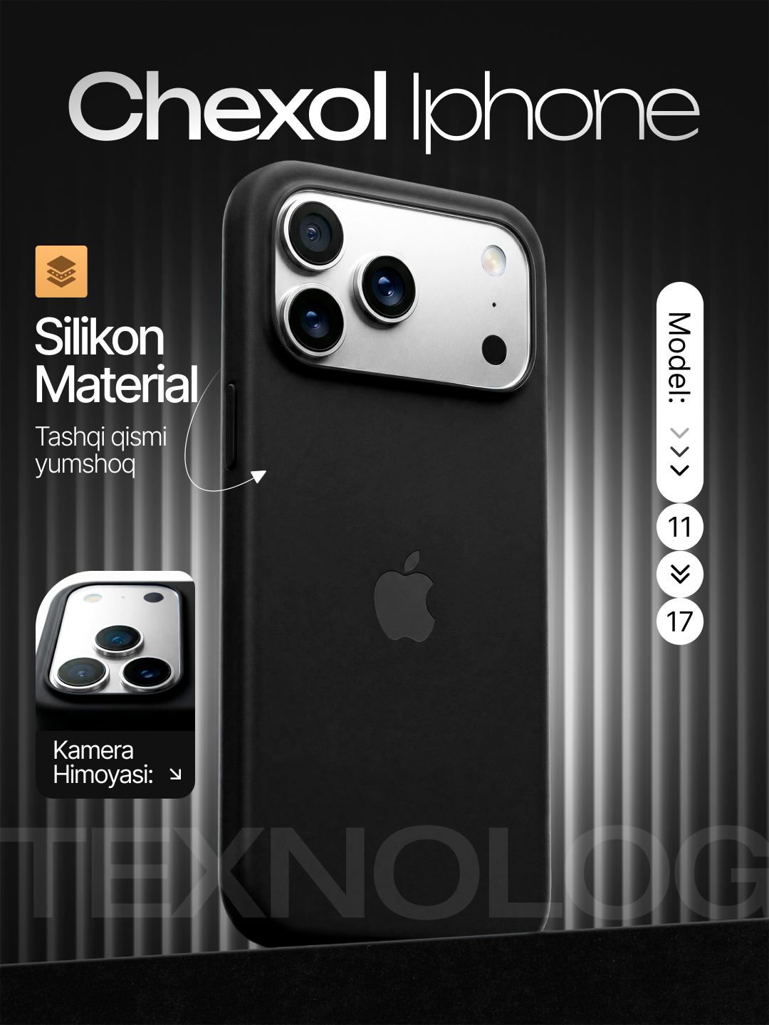 IPhone 11, 12, 13, 14, 15, 16, 17 Pro, Pro max, rangli, silikon g'ilof