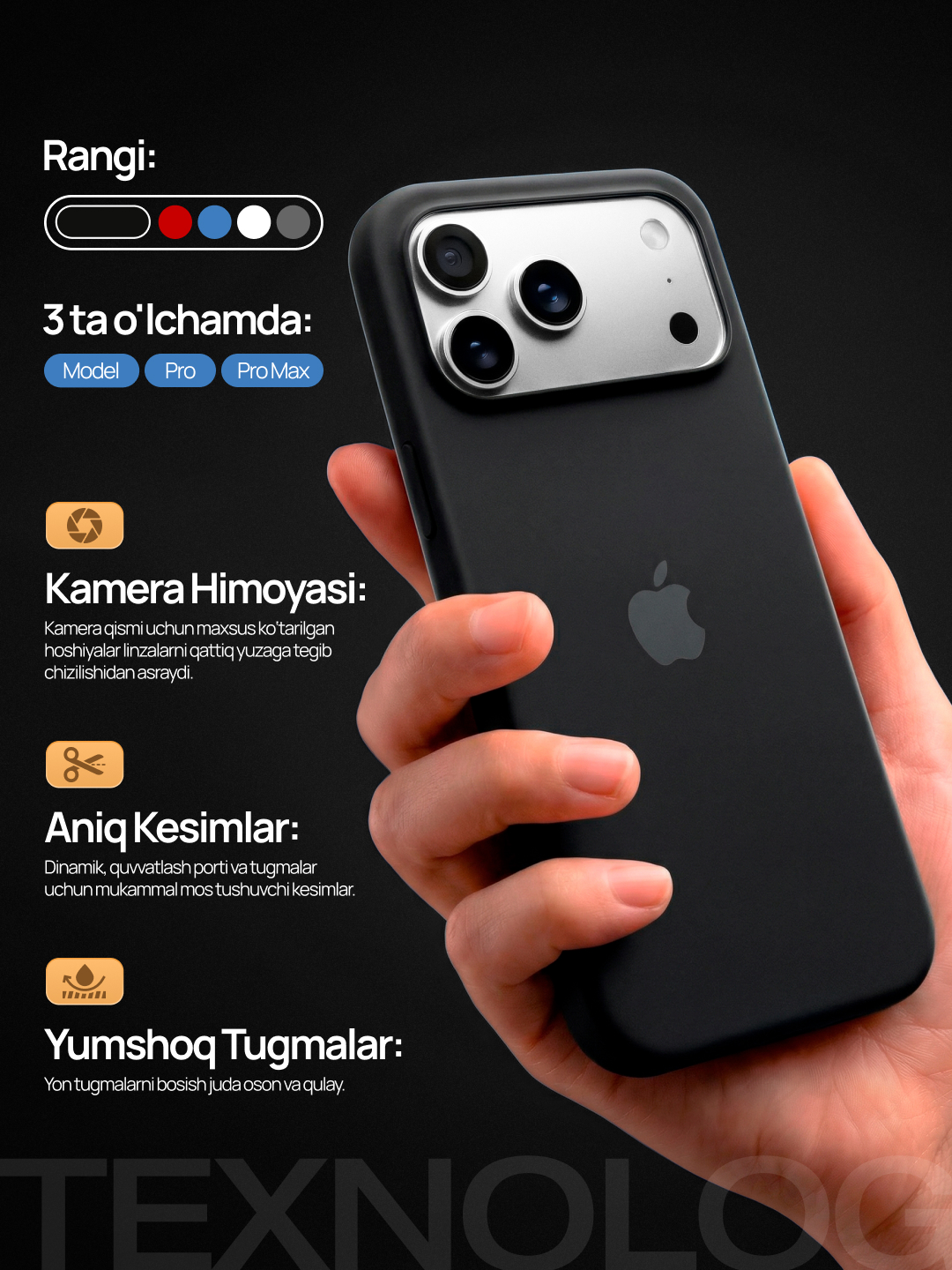IPhone 11, 12, 13, 14, 15, 16, 17 Pro, Pro max, rangli, silikon g'ilof