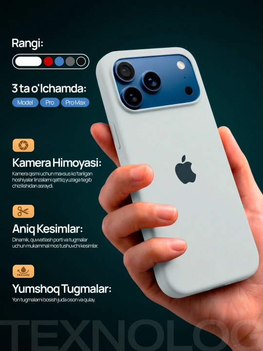 IPhone 11, 12, 13, 14, 15, 16, 17 Pro, Pro max, rangli, silikon g'ilof