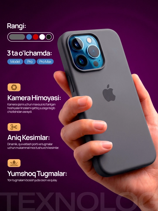 IPhone 11, 12, 13, 14, 15, 16, 17 Pro, Pro max, rangli, silikon g'ilof