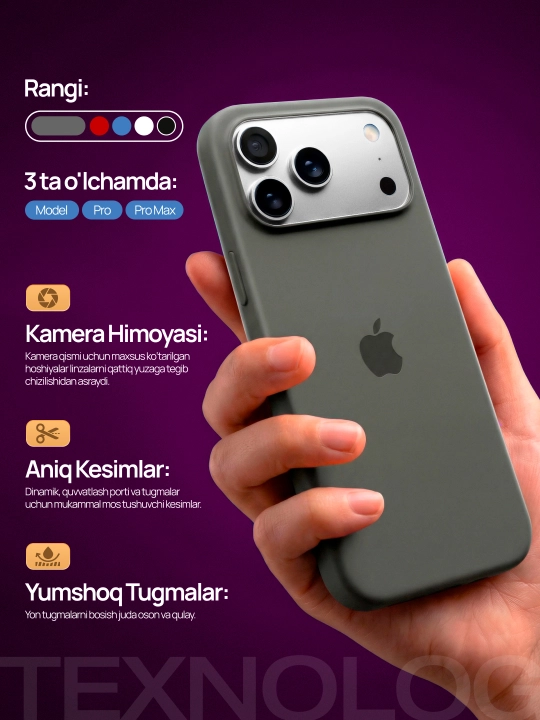 IPhone 11, 12, 13, 14, 15, 16, 17 Pro, Pro max, rangli, silikon g'ilof