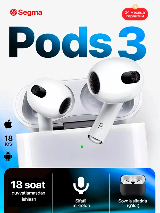 PODS 3 2025 — Беспроводные наушники Bluetooth, гарантия 1 год