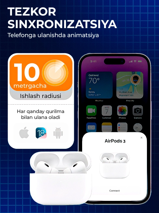 Pods 3 Simsiz naushniklar — TWS, Bluetooth, Android va iPhone