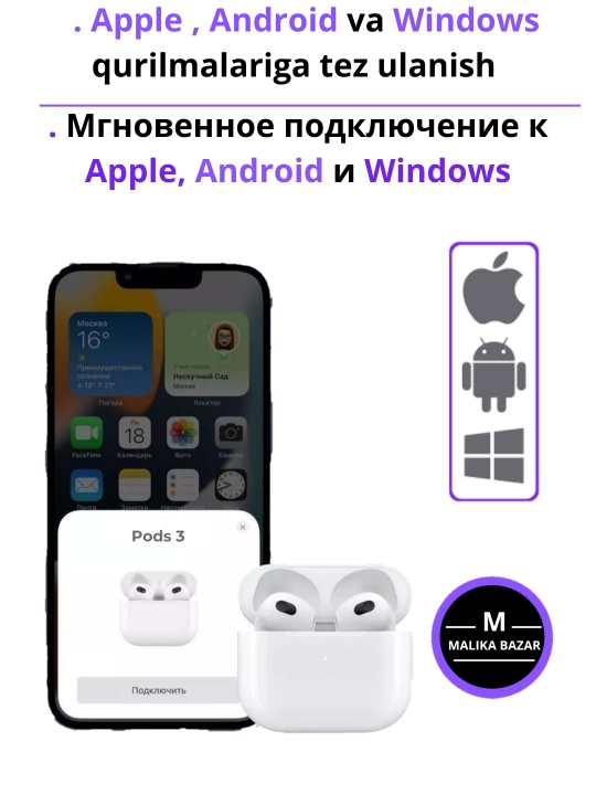 Pods3 Simsiz Bluetooth naushniklar — ANC, uzun batareya, tez zaryad