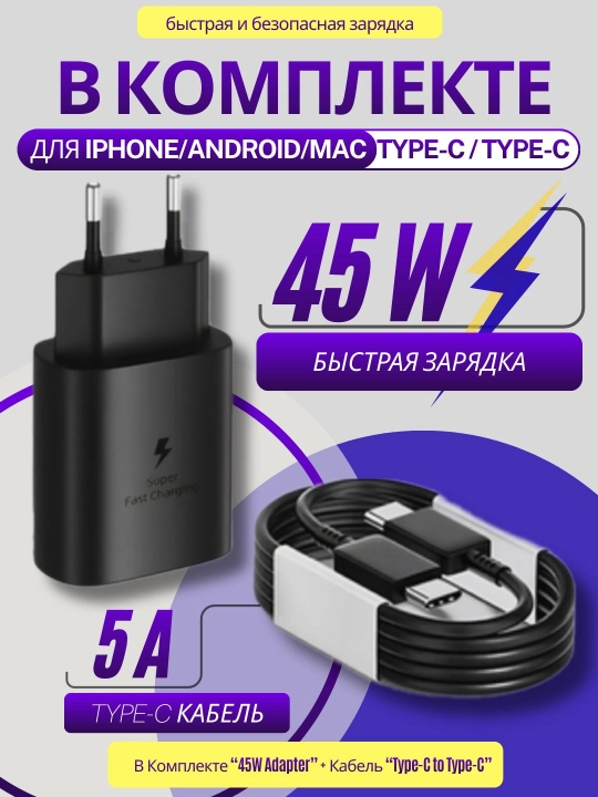 Сетевое зарядное устройство 45W + кабель Type-C to Type-C, быстрая зарядка, комплект