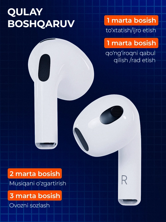 Pods 3 TWS — Simsiz naushniklar Bluetooth, Android va iPhone uchun