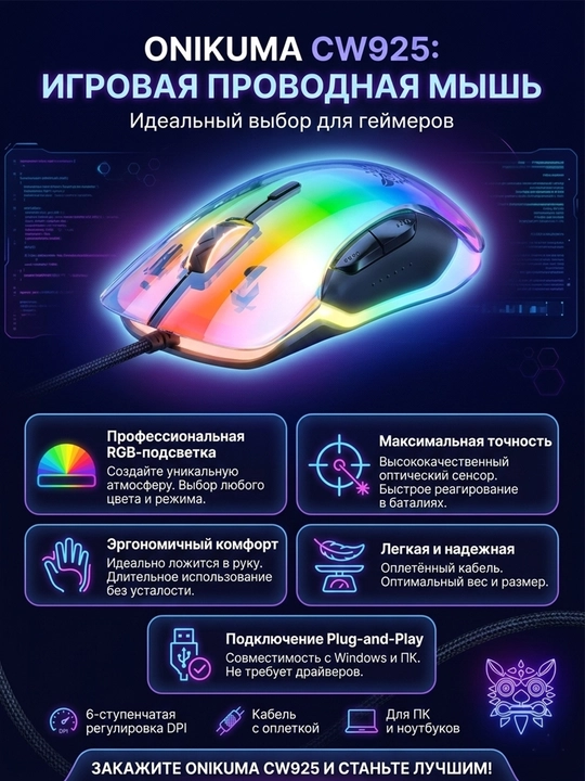 Игровая мышь ONIKUMA CW925 RGB, 12800 DPI, 7 кнопок, 1000 Гц, проводная USB для ПК