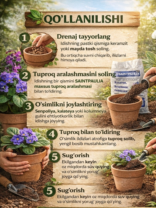 SAINTPAULIA (Senpoliya / Uzambar binafshasi) uchun maxsus tuproq aralashmasi – 1 kg