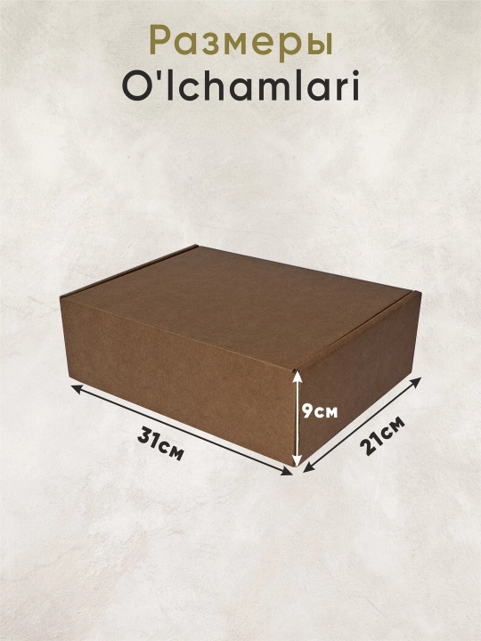 Yig'ma kraft karton quti ko'tarma qopqoqli. O'lchami 31x21x9 sm