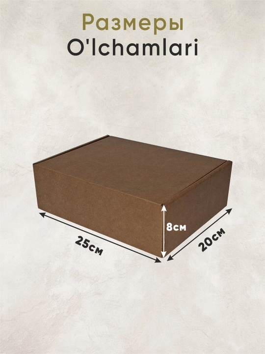 Yig'ma kraft karton quti ko'tarma qopqoqli. O'lchami 25х20х8 sm