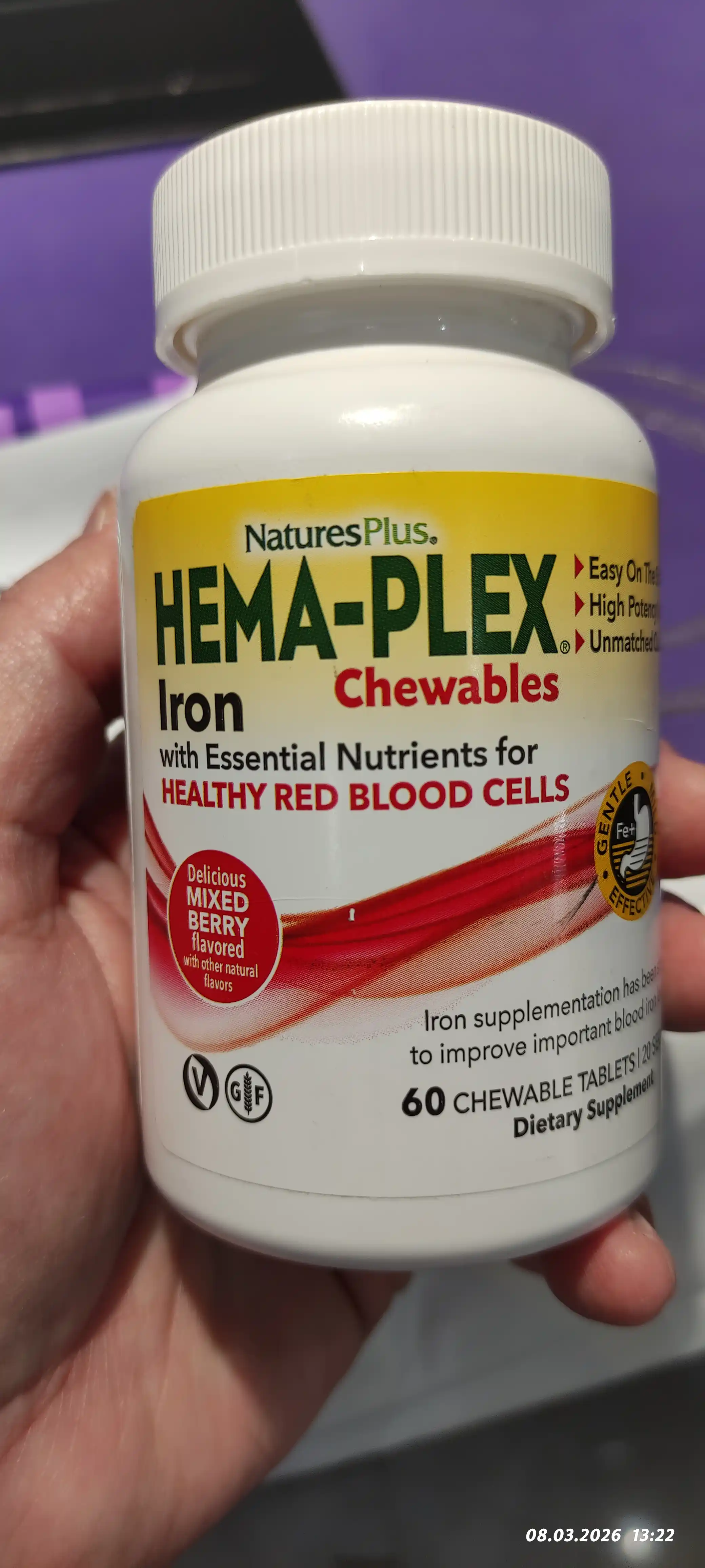 Hema-Plex, NaturesPlus, с ягодным вкусом, 60 жевательных таблеток