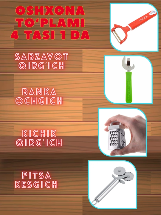 Ko‘p funksiyali oshxona to‘plam–banka ochgich,pitsa kesgich,sabzavot kesgich,mini qirg‘ich