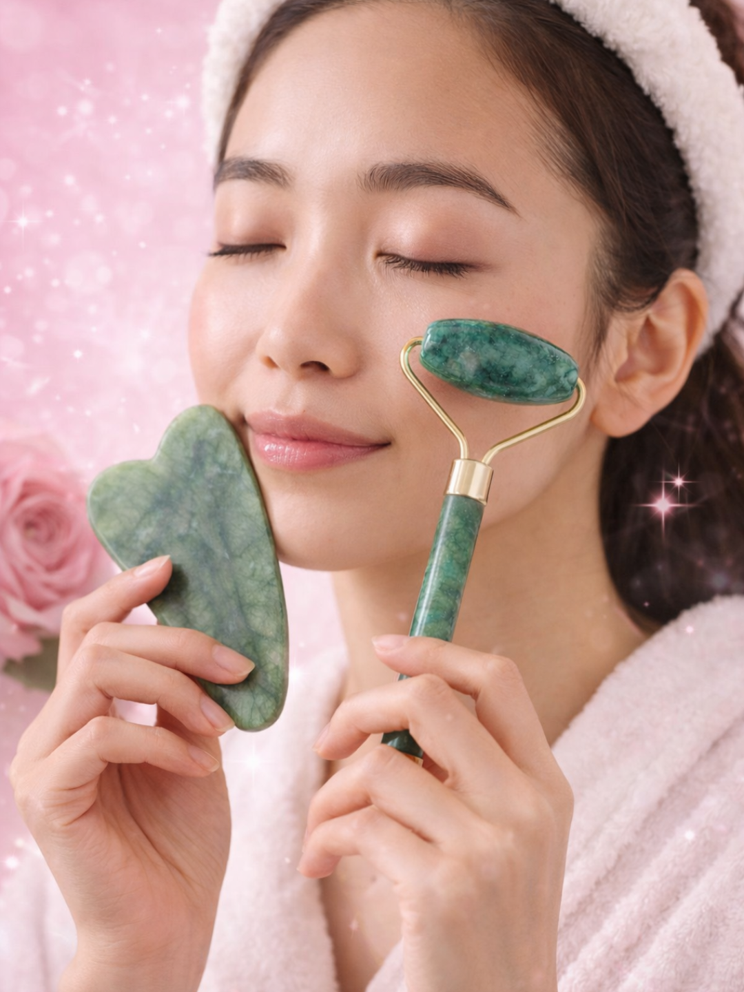 Jade Roller va Gua Sha yuz massajeri, tabiiy jade toshi, yuz massaj roligi - 