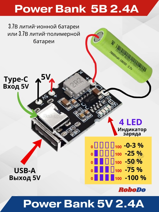 Модуль PowerBANK с TYPE-C входом и USB-A выходом 5V 2A - 
