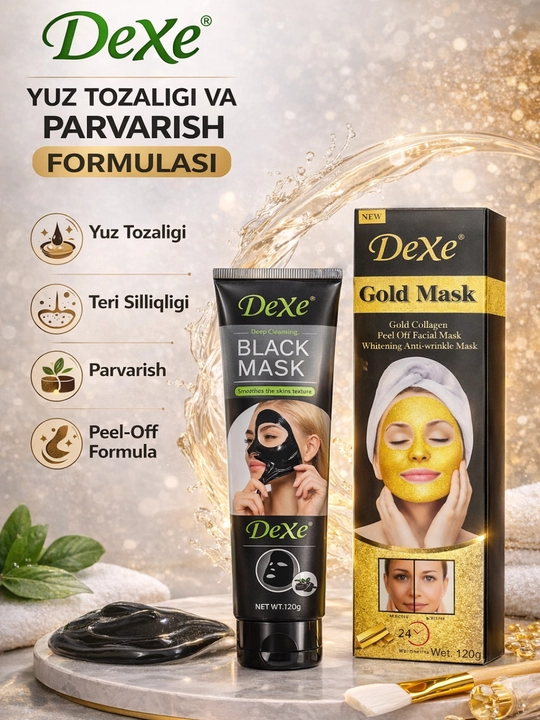 DeXe yuz niqobi – Black Mask va Gold Mask, peel-off niqoblar, 120 g