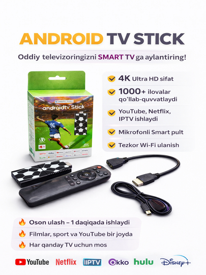 SimsizTV Stick — televizorni aqlli qurilmaga aylantiruvchi kompakt adapter 3.3 ( 8 sharh )