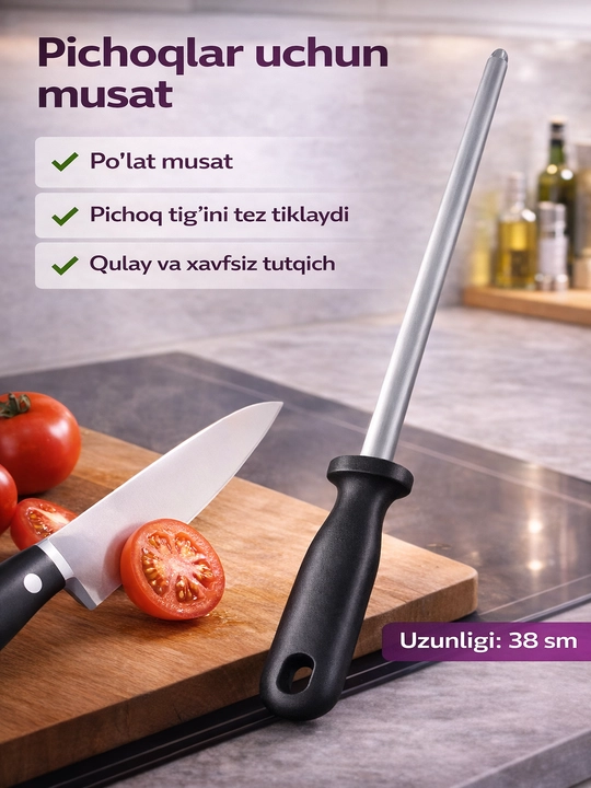 Oshxona uchun 38 sm li po‘lat pichoqni charxlash uchun musat - 
