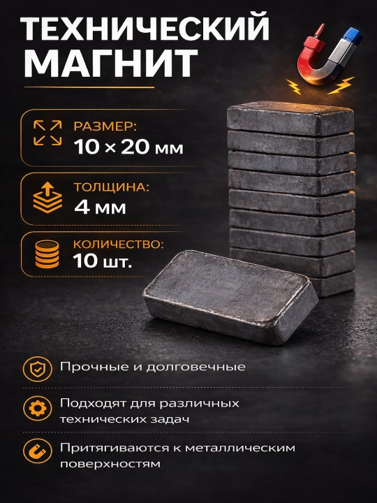 Магнит технический, прямоугольный, 10 шт - 