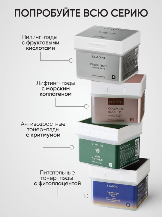 LIMONI Anti-age Pads yuz uchun qarishga qarshi toner-pedlar, 120 dona