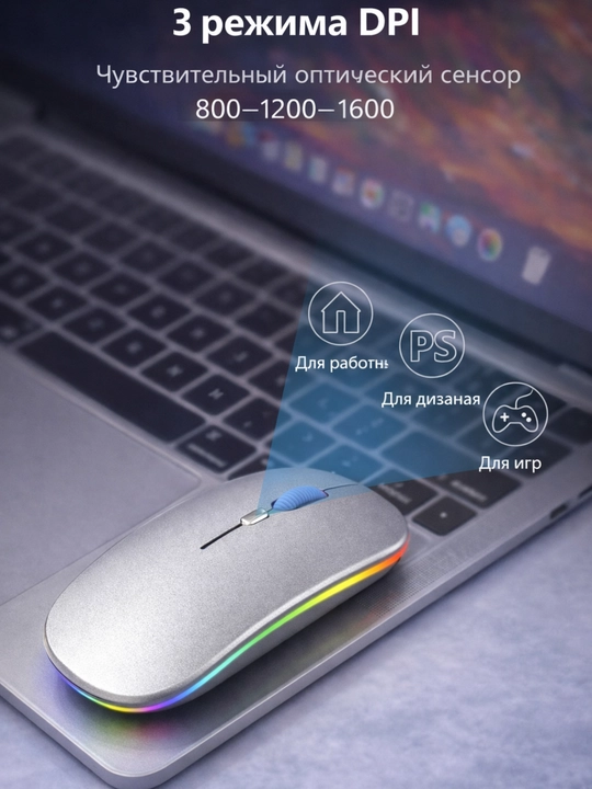 Беспроводная мышь Bluetooth + USB с RGB подсветкой, тихий клик, 3 DPI для ноутбука и ПК