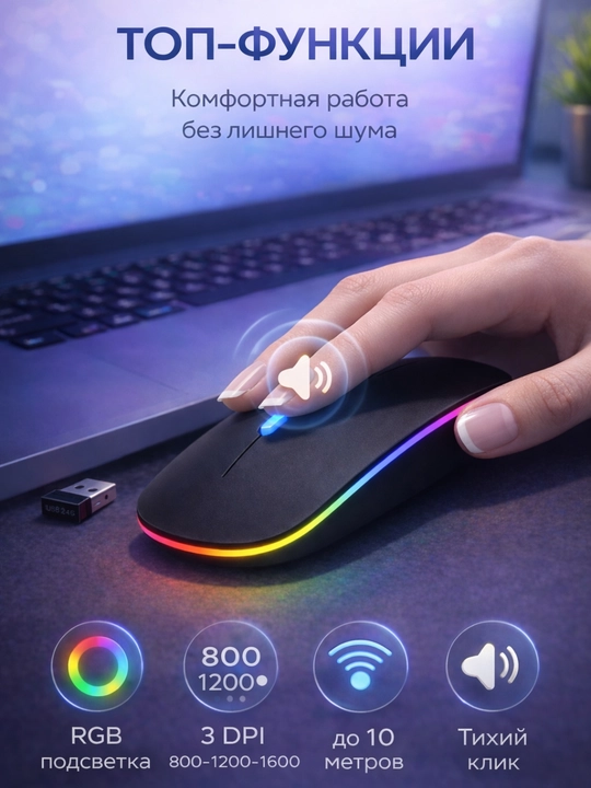 Беспроводная мышь Bluetooth + USB с RGB подсветкой, тихий клик, 3 DPI для ноутбука и ПК
