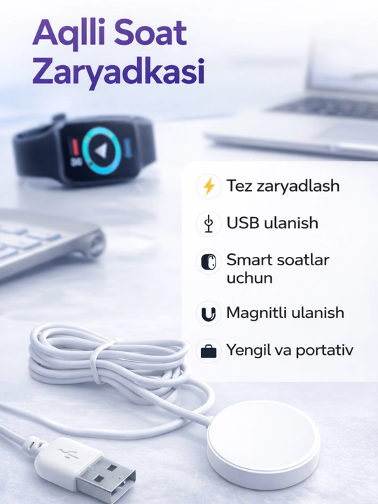 Aqlli soatlar uchun magnitli USB zaryadlovchi kabeli - 