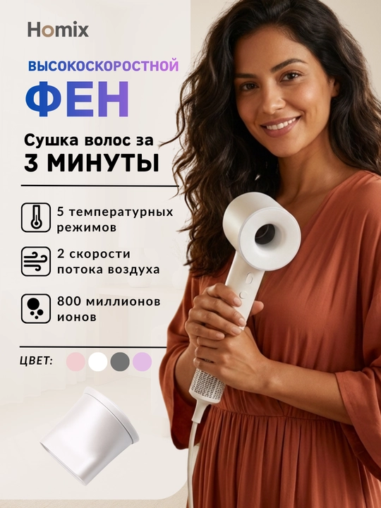Фен для волос Homix высокоскоростной, 110000 об/мин, 1600W, ионизация, детский режим
