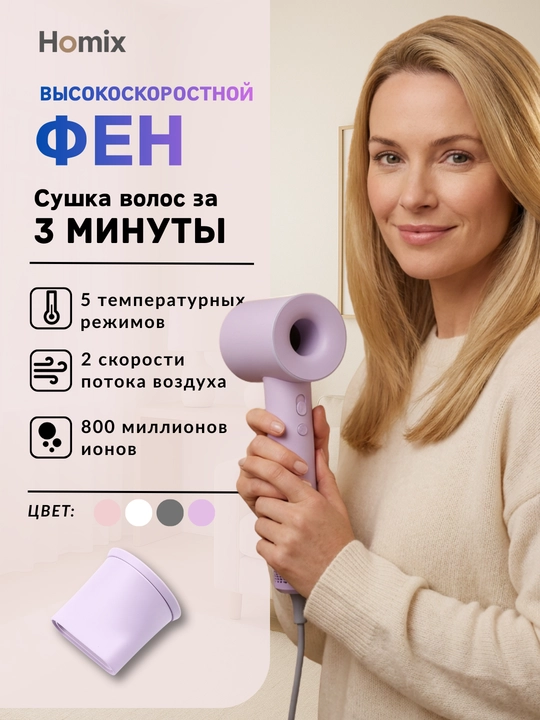 Фен для волос Homix высокоскоростной, 110000 об/мин, 1600W, ионизация, детский режим - 