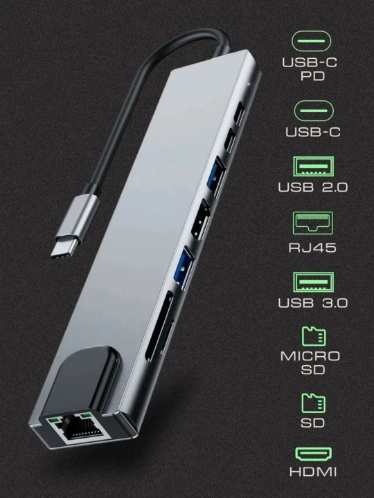 Type-C hab, 8 tasi 1 da, Macbook uchun adapter, HDMI, USB, Type-C, MicroSD
