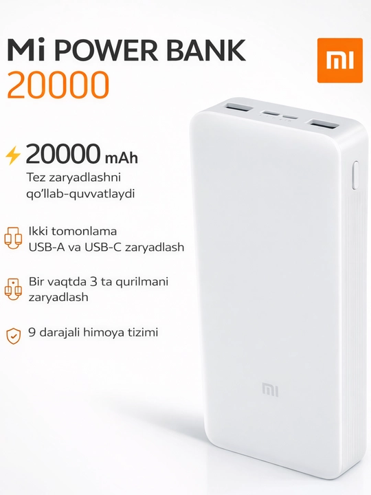 Redmi Power Bank 20000 mAh 18W – USB-A va USB-C portli tashqi batareya - 