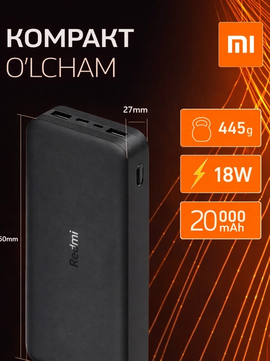 Redmi Power Bank 20000 mAh 18W – USB-A va USB-C portli tashqi batareya - 