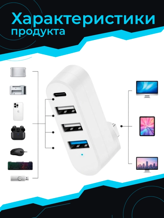 AXFEE mini USB hub adapteri: 4 portli (USB 3.0, 2.0, Type-C), 90°/180° aylanadi, tez